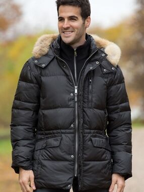 Andrew Marc Alpine Down Fill Parka Jacket Coyote Fur Hood Black Mens Large Coat